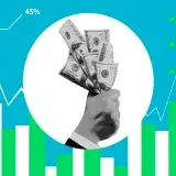 Decorative cardboard appliques representing hand with dollar banknotes and numbers above chart on blue background