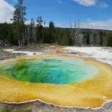 A stunning hot spring with colorful microbial mats in Yellowstone National Park, Wyoming.