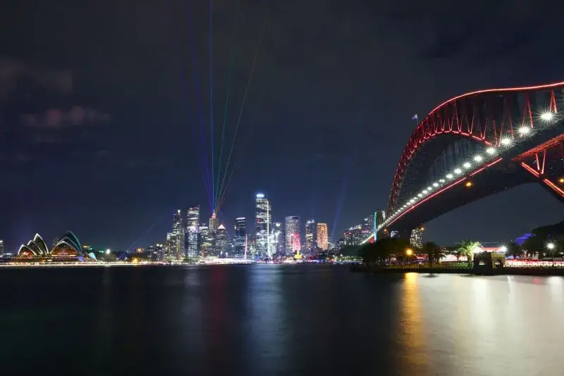 Vivid night view of Sydney Harbour featuring the illuminated Opera House, CBD skyline, and Harbour Bridge.