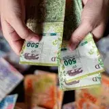 Hands holding Argentine peso banknotes, showcasing currency design and details.