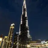 A breathtaking view of the illuminated Burj Khalifa towering against the night sky in Dubai.