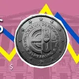 Composición de papel recortado de la moneda euro sobre un gráfico de declive y crecimiento económico con fachada de edificio
