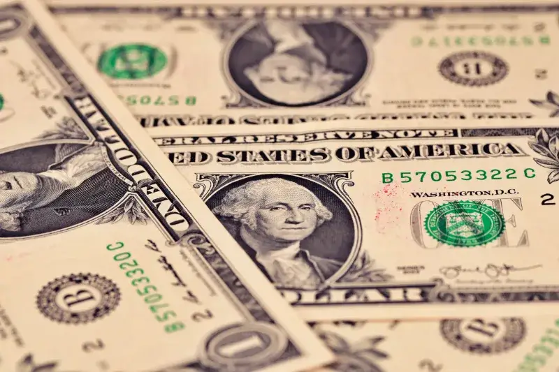 Detailed close-up of US one dollar bills showcasing intricate design and texture.