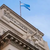 Low angle view of Banco de la Nación Argentina with flag in Concordia, Entre Rios.