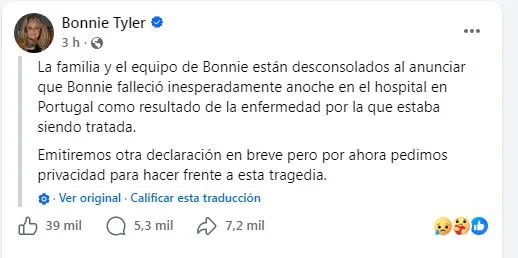 Bonnie Tyler fallece a los 75 años en Portugal
