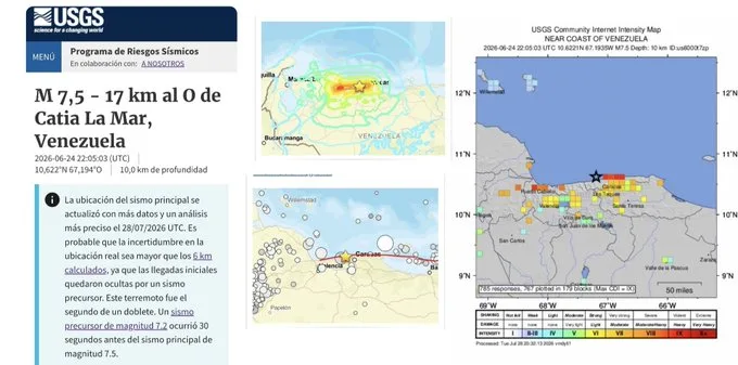 USGS movió el epicentro del sismo de magnitud 7,5 en Venezuela