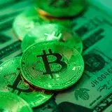 Vivid green Bitcoin coins stacked on American dollar bills symbolizing cryptocurrency investment.