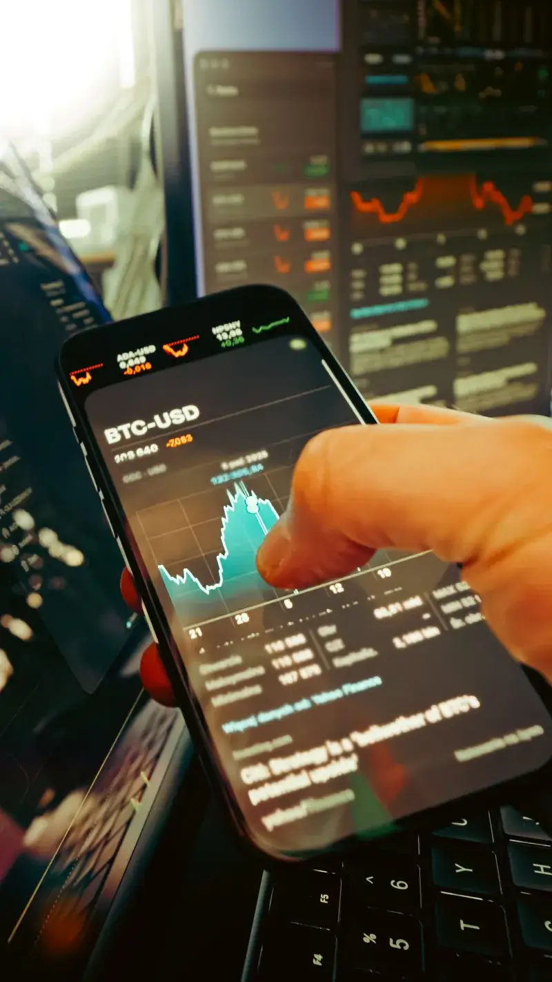 Una mano sostiene un smartphone que muestra un gráfico de BTC-USD entre pantallas de trading digital, destacando las finanzas de criptomonedas.