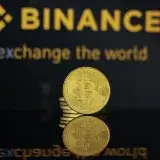 Primer plano de una moneda de Bitcoin con el logo de Binance y texto reflejado en una superficie oscura.