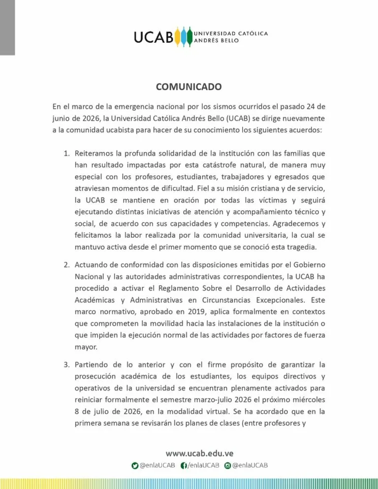 UCAB retomará clases virtuales desde el 8 de julio