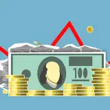 Cutout paper composition of dollar bills between pile of coins and financial stocks with curved diagram
