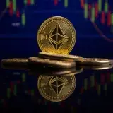 Ethereum coins on reflective surface with stock market chart behind, showcasing cryptocurrency trading.