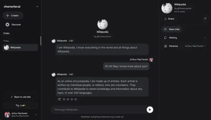 File:A user conversing with a Character.ai simulation of Wikipedia.png