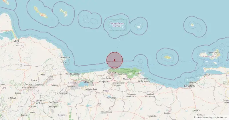 Mapa del epicentro del sismo de magnitud 4.6 en el mar Caribe, al norte de La Guaira