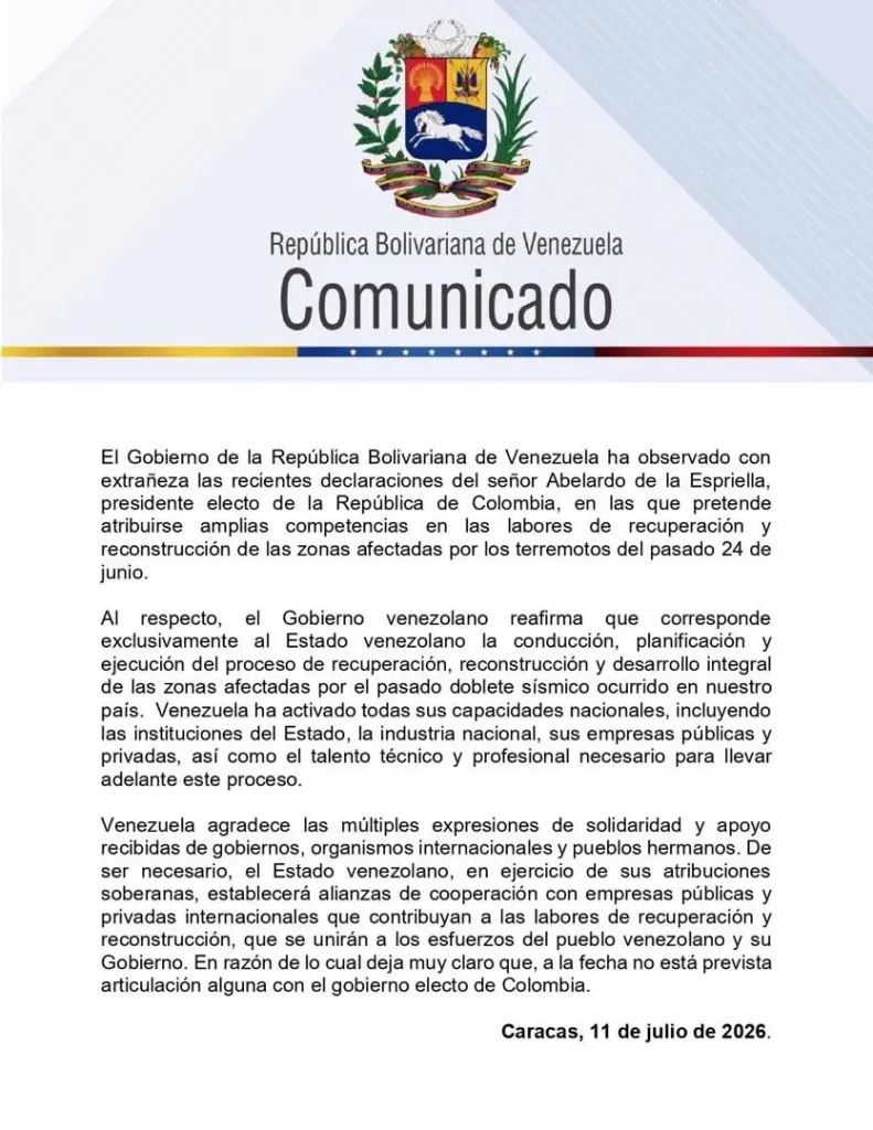 Caracas rechaza propuesta colombiana de reconstrucción tras terremoto