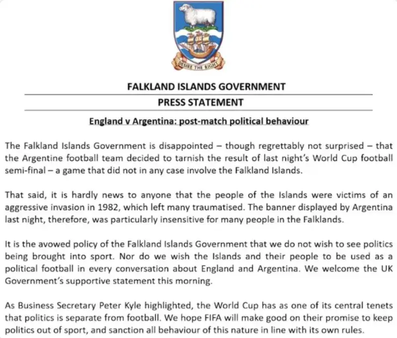 Malvinas rechaza pancarta argentina y pide sanciones a la FIFA