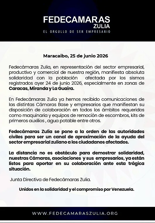 Fedecámaras Zulia ofrece maquinaria y suministros tras los sismos del 24-jun