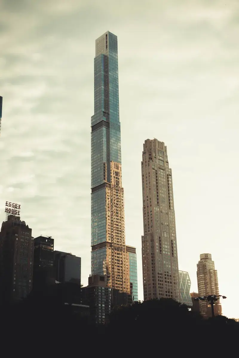 Stunning view of New York City's iconic skyscrapers against a sunset sky.