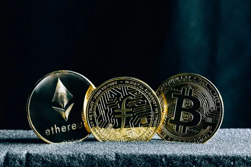 Ethereum, Flipcoin and Bitcoin Cryptocurrency coins.