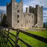 Stunning view of medieval Bolton Castle amidst green grass and a clear blue sky in England.